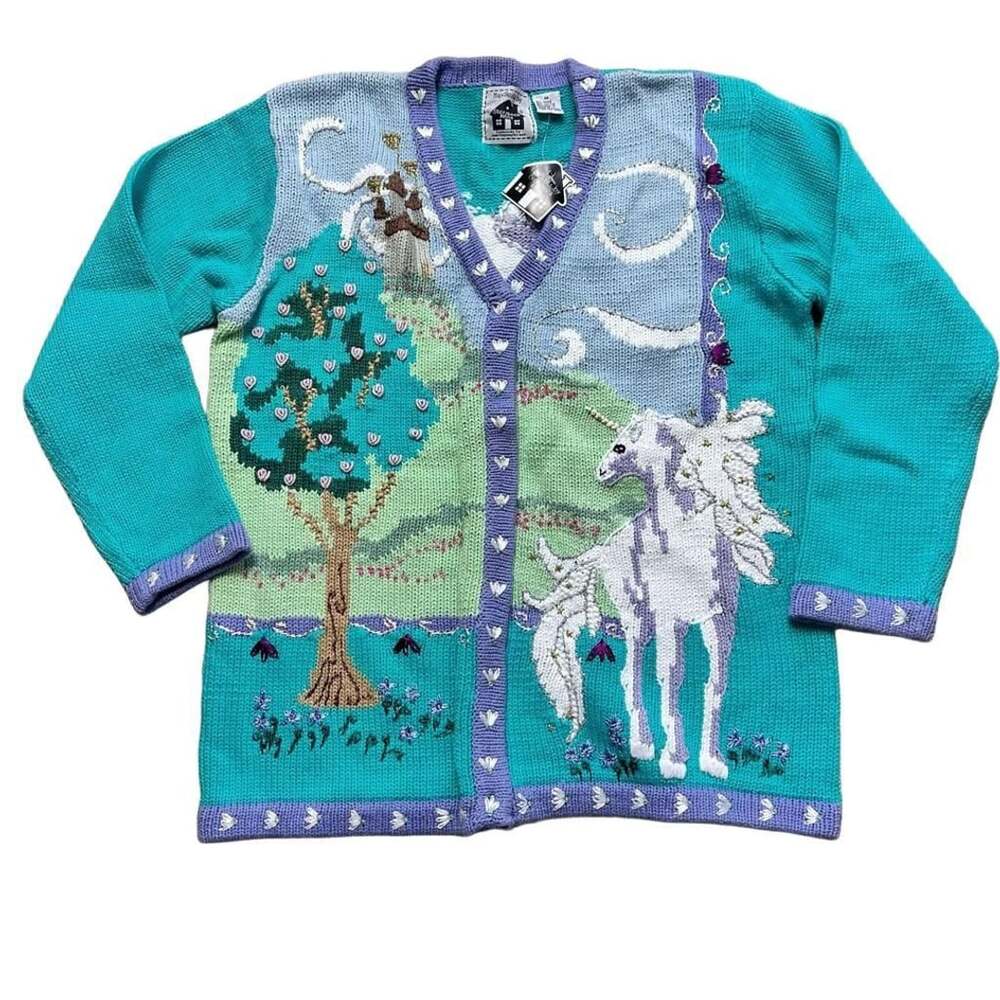 Storybook Knits Unicorn Cardigan Size M Blue Novelty